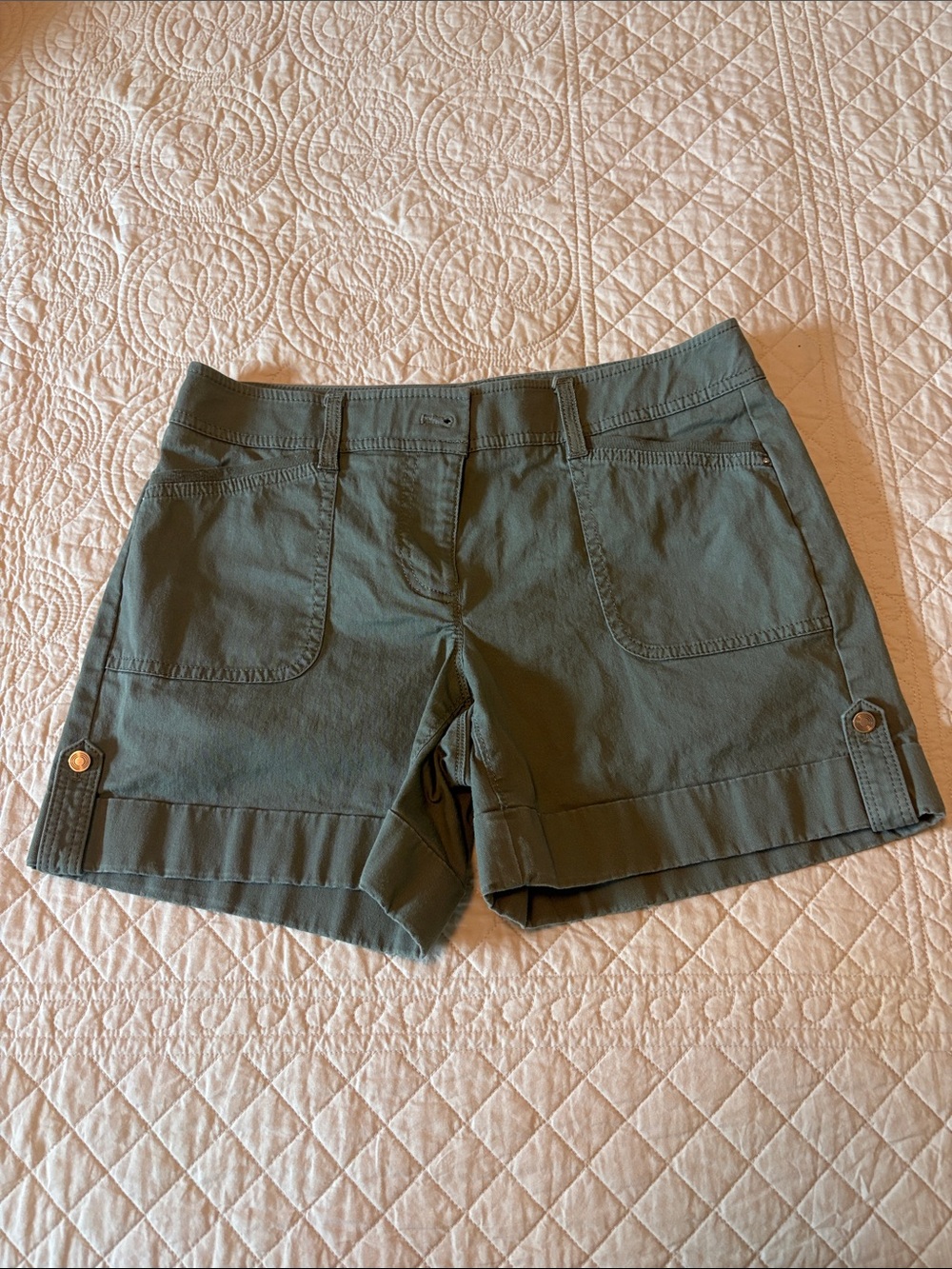 White House Black Market Olive Utility Button-Tab Shorts